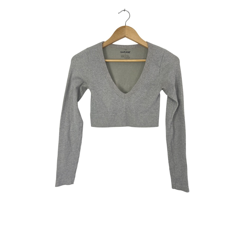 Garage Cropped Ribbed Top Women's P Small Heather Gray Long Sleeve V Neck Knit